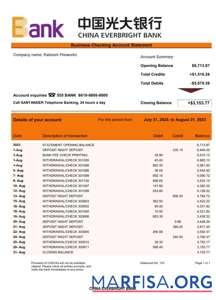 Blank China Everbright Bank firm account statement Word and PDF template
